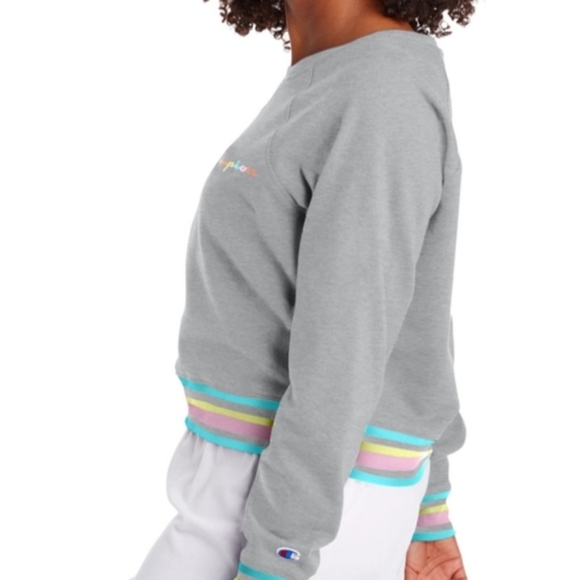 Champion Sweatshirt Rainbow Logo French Terry Crew Raglan Sleeves Grey L NWT - Picture 7 of 15